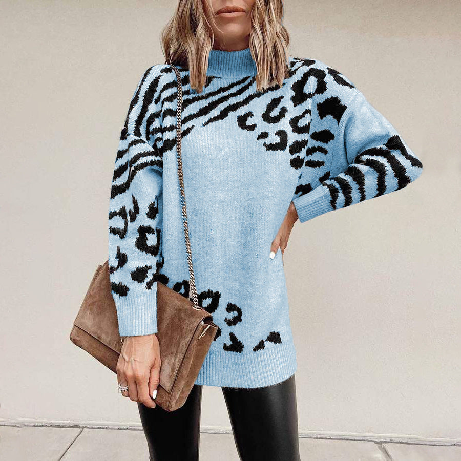 High Neck Leopard Sweater Women Amazon New Sweater Dress