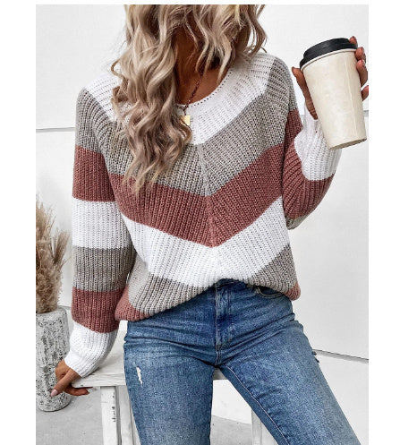 Striped Crew Neck Casual Sweater For Women