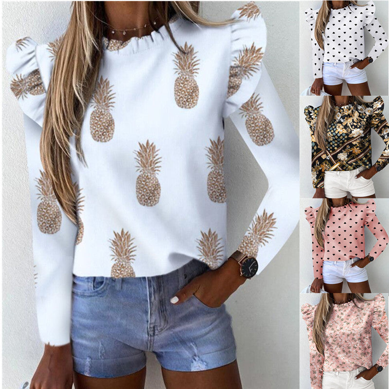 Ruffled Long Sleeve Crew Neck Pineapple Print Blouse