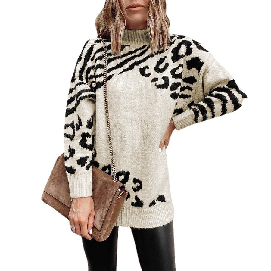 High Neck Leopard Sweater Women Amazon New Sweater Dress